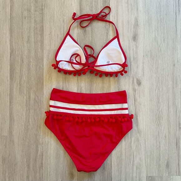 Cocoship Two Piece Swimsuit Red Pom Poms High Waisted Bottoms 8 - Picture 4 of 6